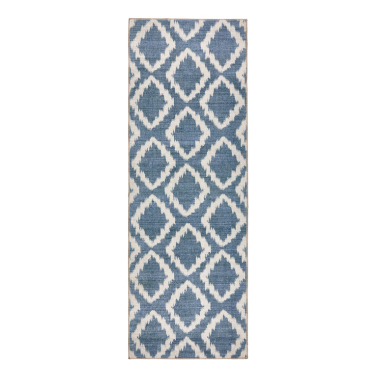 “Blue and white geometric hallway runner with non‑slip backing”