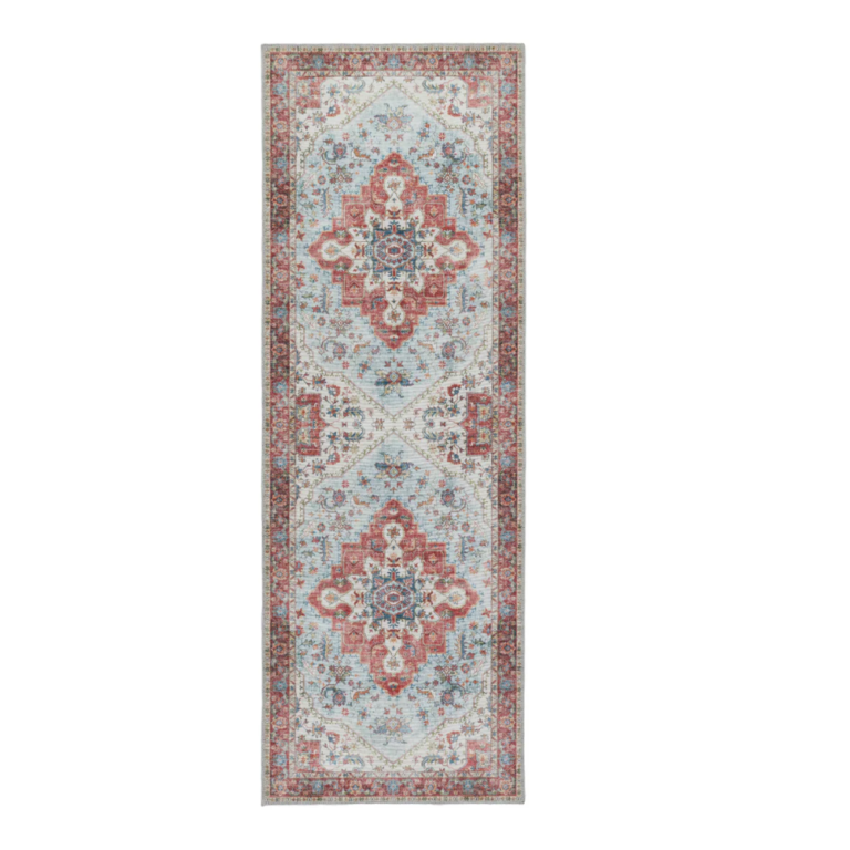 “Moroccan inspired washable hallway runner with distressed medallion pattern and non‑slip backing”