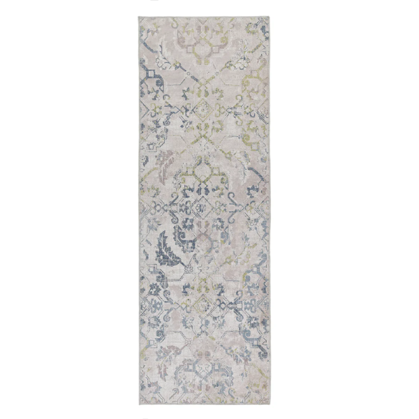 “Italian inspired washable hallway runner with non‑slip backing in blue and green tones”