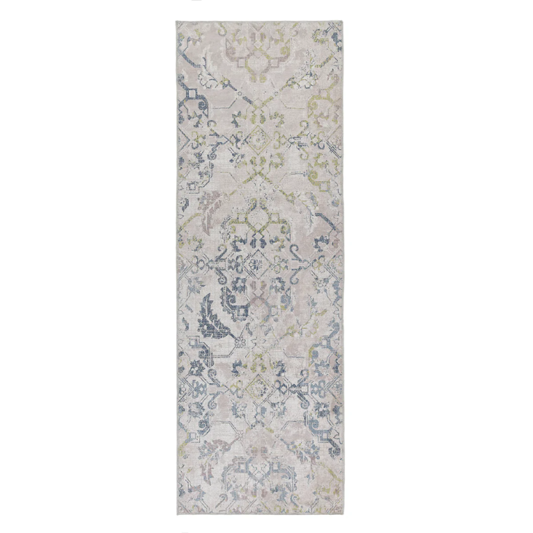 “Italian inspired washable hallway runner with non‑slip backing in blue and green tones”