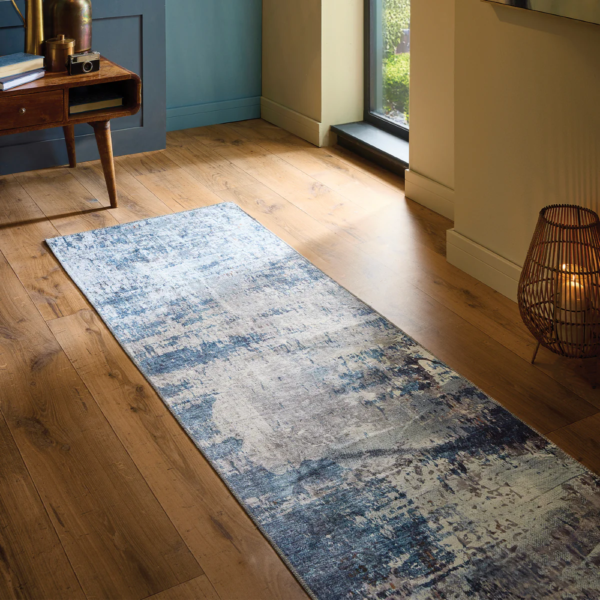 “Arctic Scape Ice washable runner styled in a modern hallway”