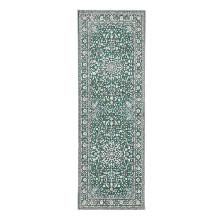 “Emerald green washable Windsor rug with vintage medallion pattern and non‑slip backing”