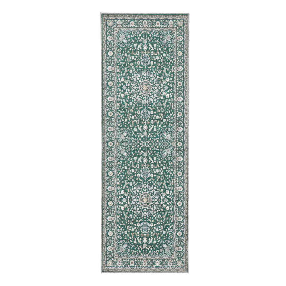“Emerald green washable Windsor rug with vintage medallion pattern and non‑slip backing”