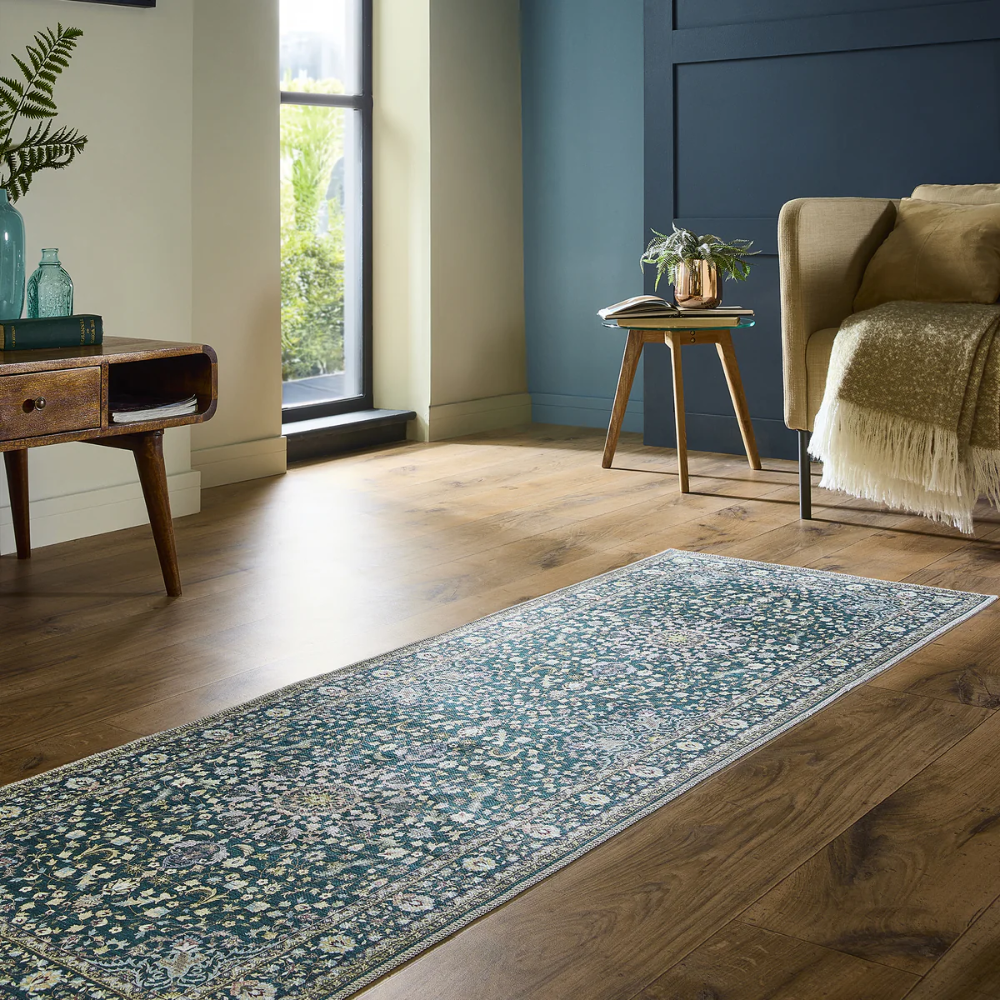 “Emerald green washable Windsor rug with vintage medallion pattern and non‑slip backing”