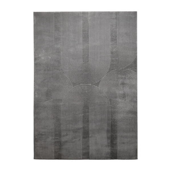 Contemporary charcoal rug with raised arch contours and layered grey detailing