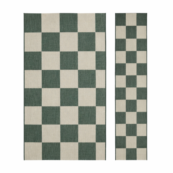 matching green chequer rug and runner set displayed on white background