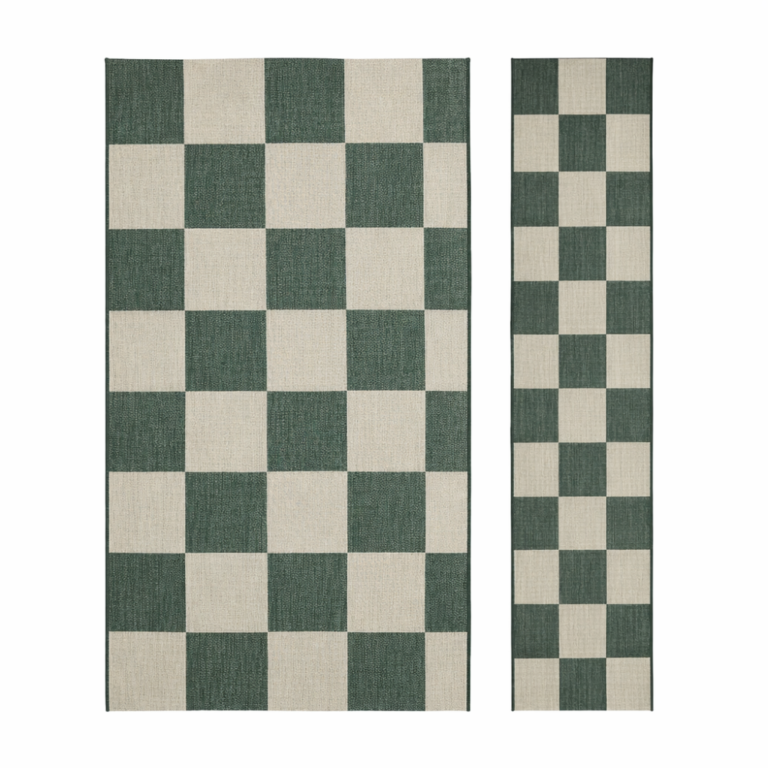matching green chequer rug and runner set displayed on white background