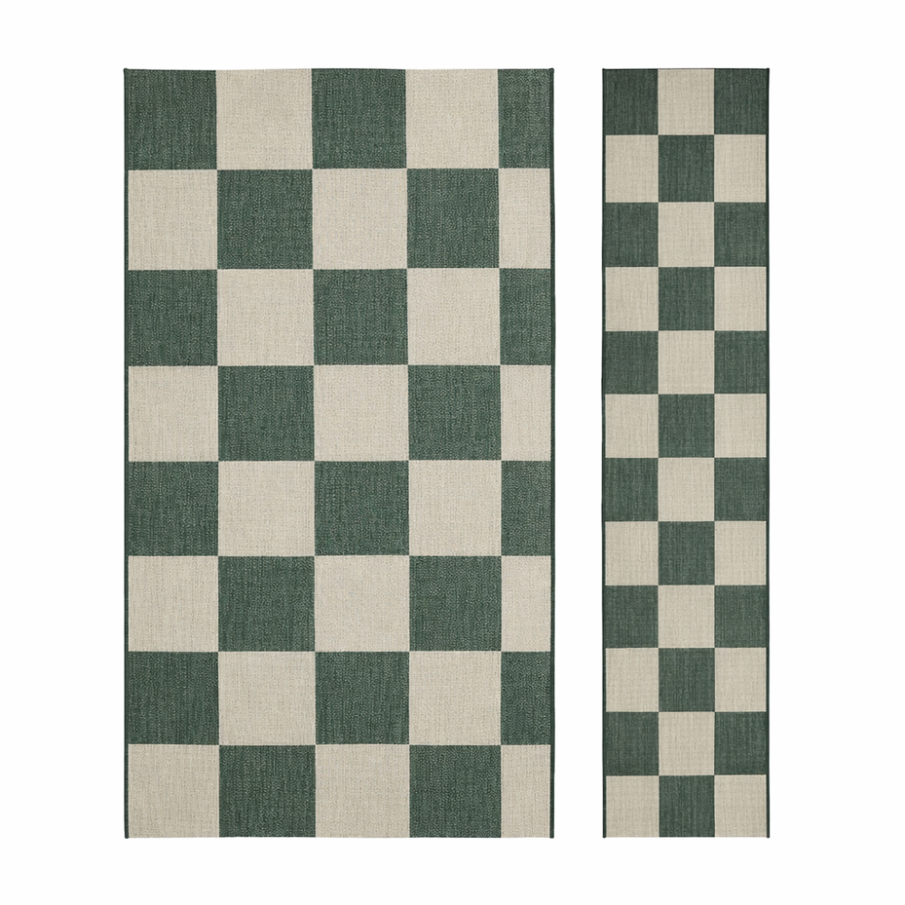 matching green chequer rug and runner set displayed on white background