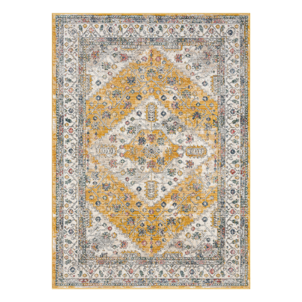 “Elegant cream and gold patterned rug adding warmth to a contemporary home interior.”