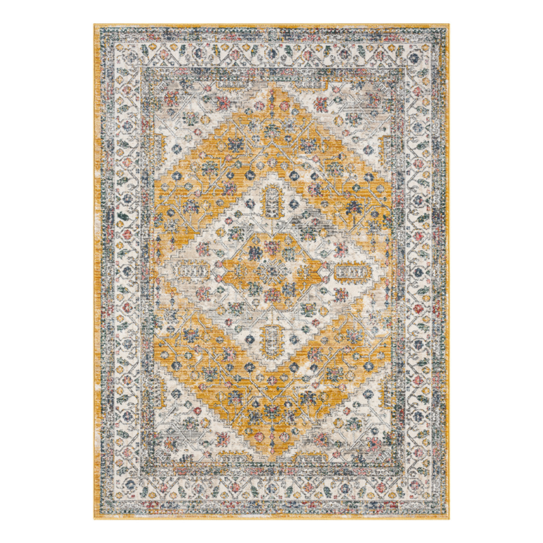 “Elegant cream and gold patterned rug adding warmth to a contemporary home interior.”
