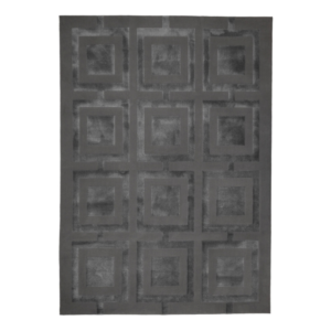 charcoal square‑pattern rug with bold contrast and a modern geometric layout