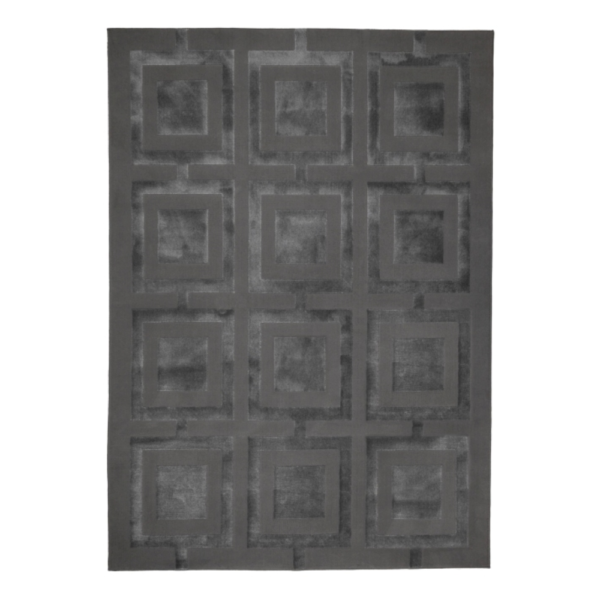 charcoal square‑pattern rug with bold contrast and a modern geometric layout