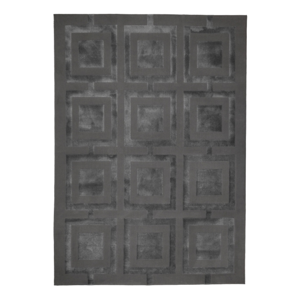 charcoal square‑pattern rug with bold contrast and a modern geometric layout