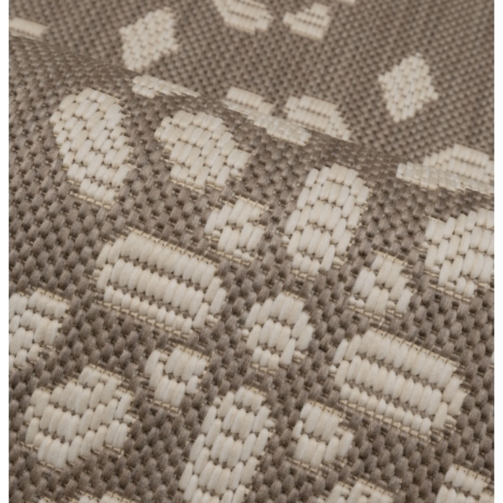 taupe tile‑pattern flatweave rug with a clean geometric layout
