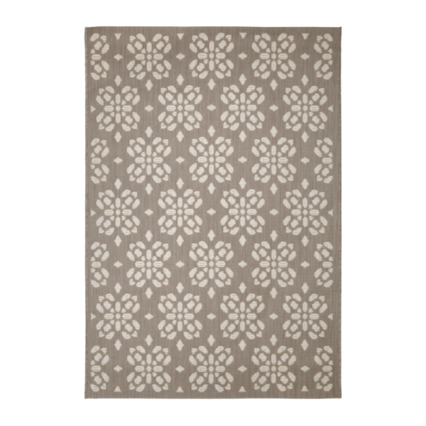 taupe tile‑pattern flatweave rug with a clean geometric layout