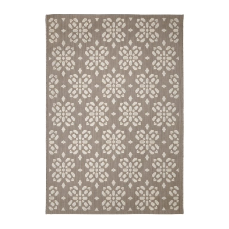 taupe tile‑pattern flatweave rug with a clean geometric layout