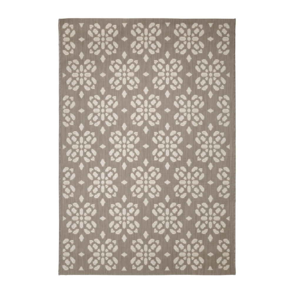taupe tile‑pattern flatweave rug with a clean geometric layout
