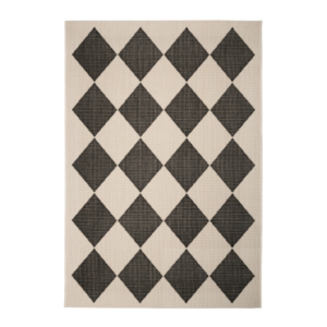 monochrome indoor outdoor rug featuring a striking geometric diamond design