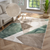 Orbit Runar Green rug featuring soft green shades and a textured circular design, styled in a modern home setting.