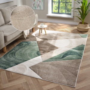 Orbit Runar Green rug featuring soft green shades and a textured circular design, styled in a modern home setting.