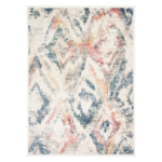 “Colourful abstract patterned rug with layered tones displayed in a bright, modern space.”