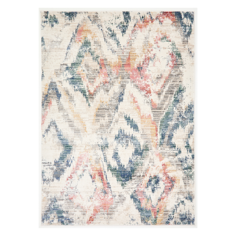 “Colourful abstract patterned rug with layered tones displayed in a bright, modern space.”