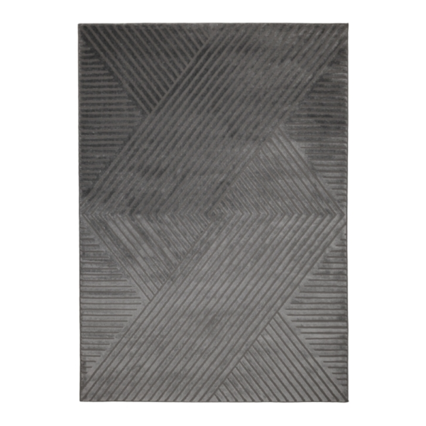 dark charcoal rug featuring raised diamond motifs and layered grey shading
