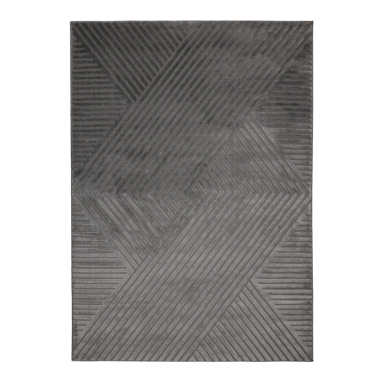 dark charcoal rug featuring raised diamond motifs and layered grey shading