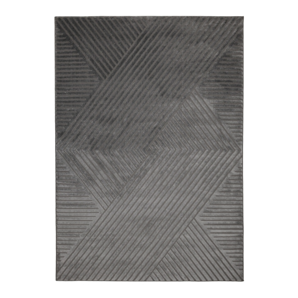 dark charcoal rug featuring raised diamond motifs and layered grey shading
