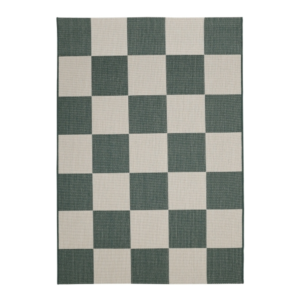 black chequer flatweave rug with a bold graphic pattern