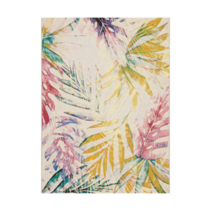 tropical indoor outdoor rug with bold leaf pattern